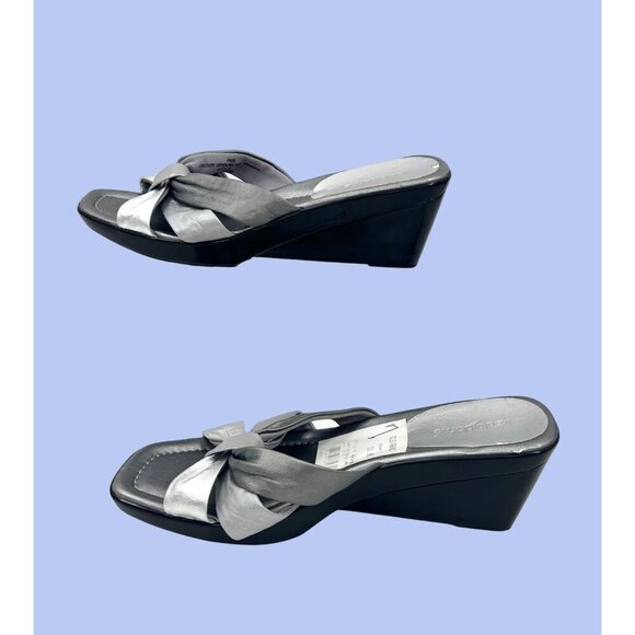 NWT LIZ CLAIBORNE FAYE METALLIC MULTI SILVER WEDGE SANDALS HEELS - 7 - Picture 3 of 11